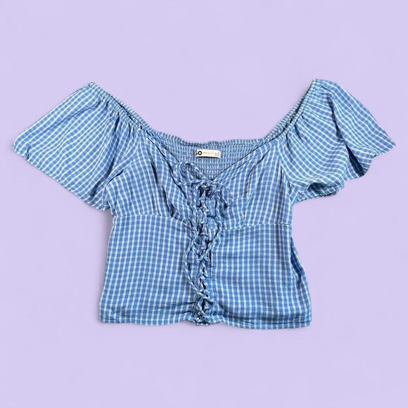 SO Blue & White Gingham Lace-Up Off-Shoulder Blouse – Size M - Picture 1 of 9